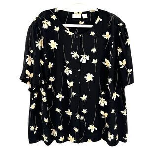 90s Elisabeth Women's Blouse Shoulder Pads Black‎ Floral Print Size 22 Vintage